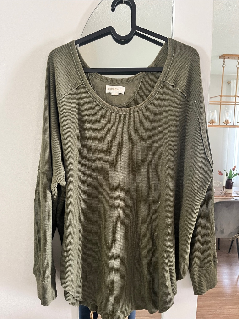 TNA Olive Ribbed Scoop Neck Long Sleeve Top